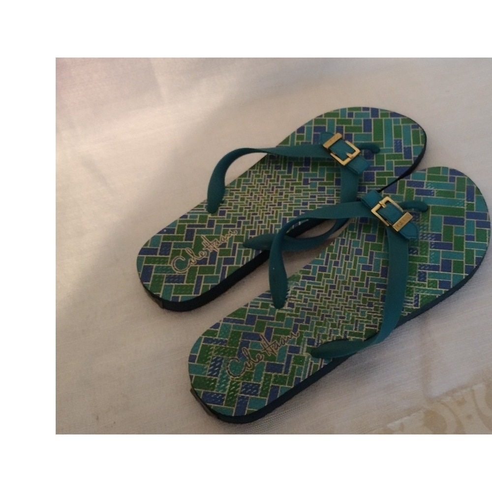 Cole Haan Womens Green Geometric Gold Buckle Flip Flop Sandals -Size 9 - Picture 2 of 5